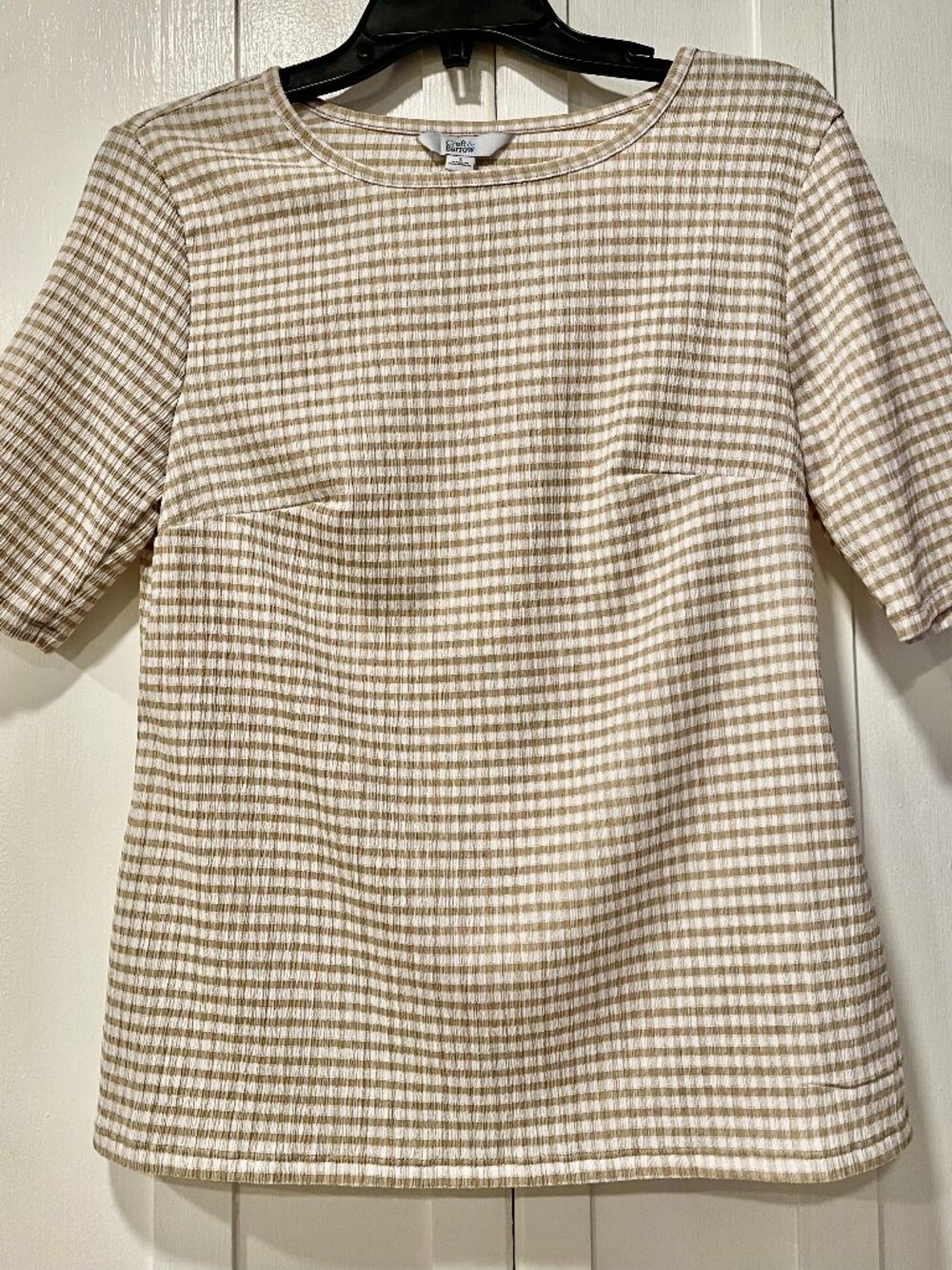 Croft & Barrow Tan/White Gingham 3/4 Sleeve Top Size S